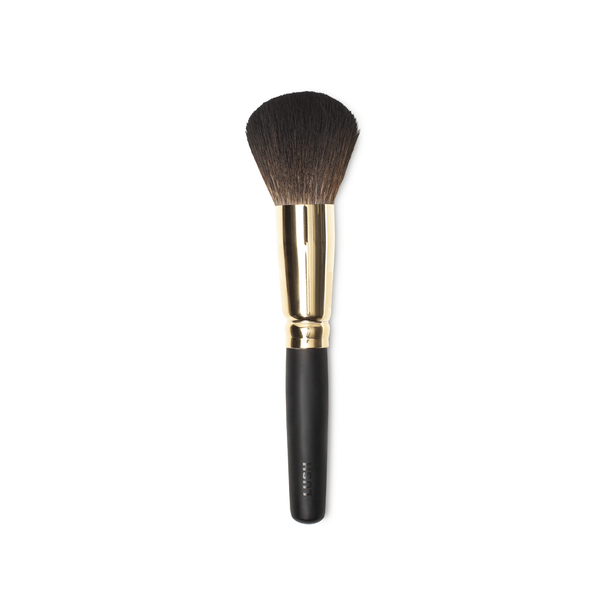 People Powder Brush. A large, dome-shaped powder brush, with tapered brown bristles and a gold and dark wooden handle.